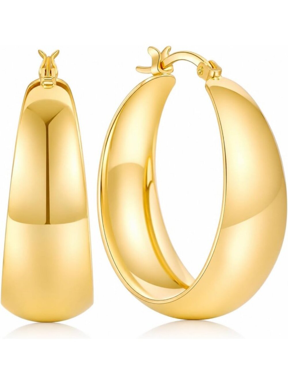 14K Gold Wide Flat Hoop Earrings for Women - Elegant, Lightweight & Stylish